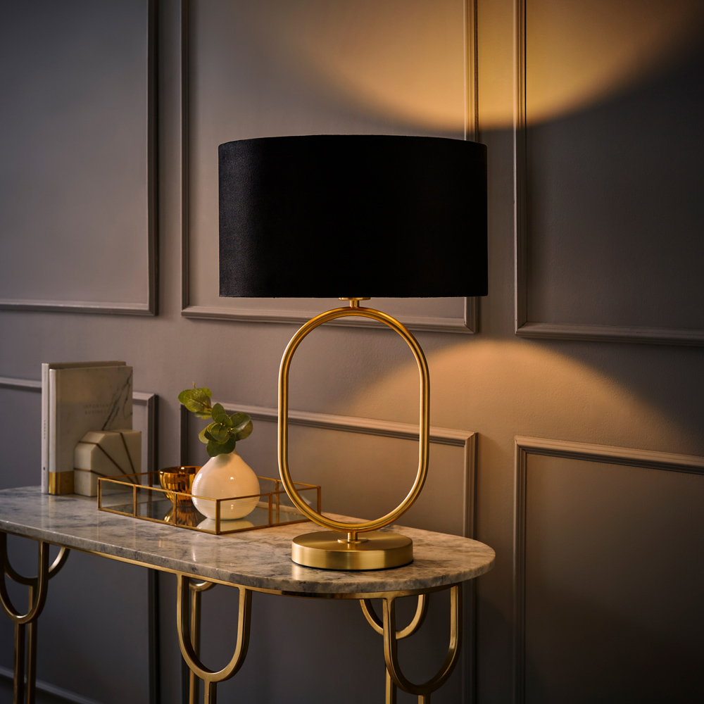 ValueLights Antonia Black Velvet Drum Shade Brushed Gold Oval LED Table Lamp Image 6