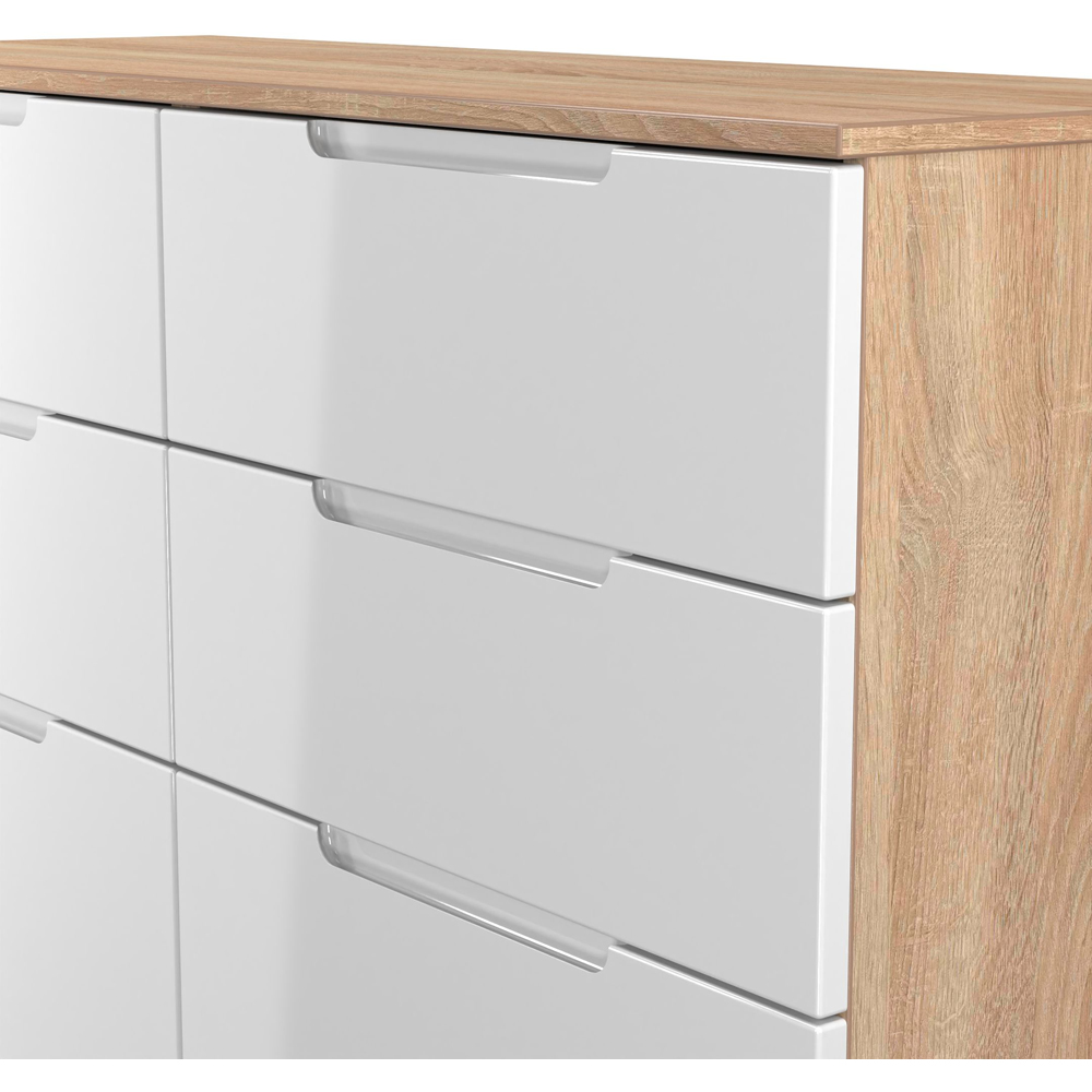 Crowndale Milan 6 Drawer White Gloss and Bardolino Oak Wide Chest of Drawers Ready Assembled Image 4