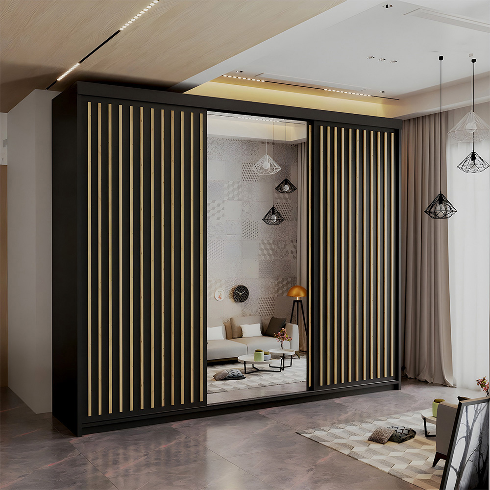 Sliding Wardrobes 4U Royal 3 Door Black Weave Minimalist Mirrored Wardrobe Image 4