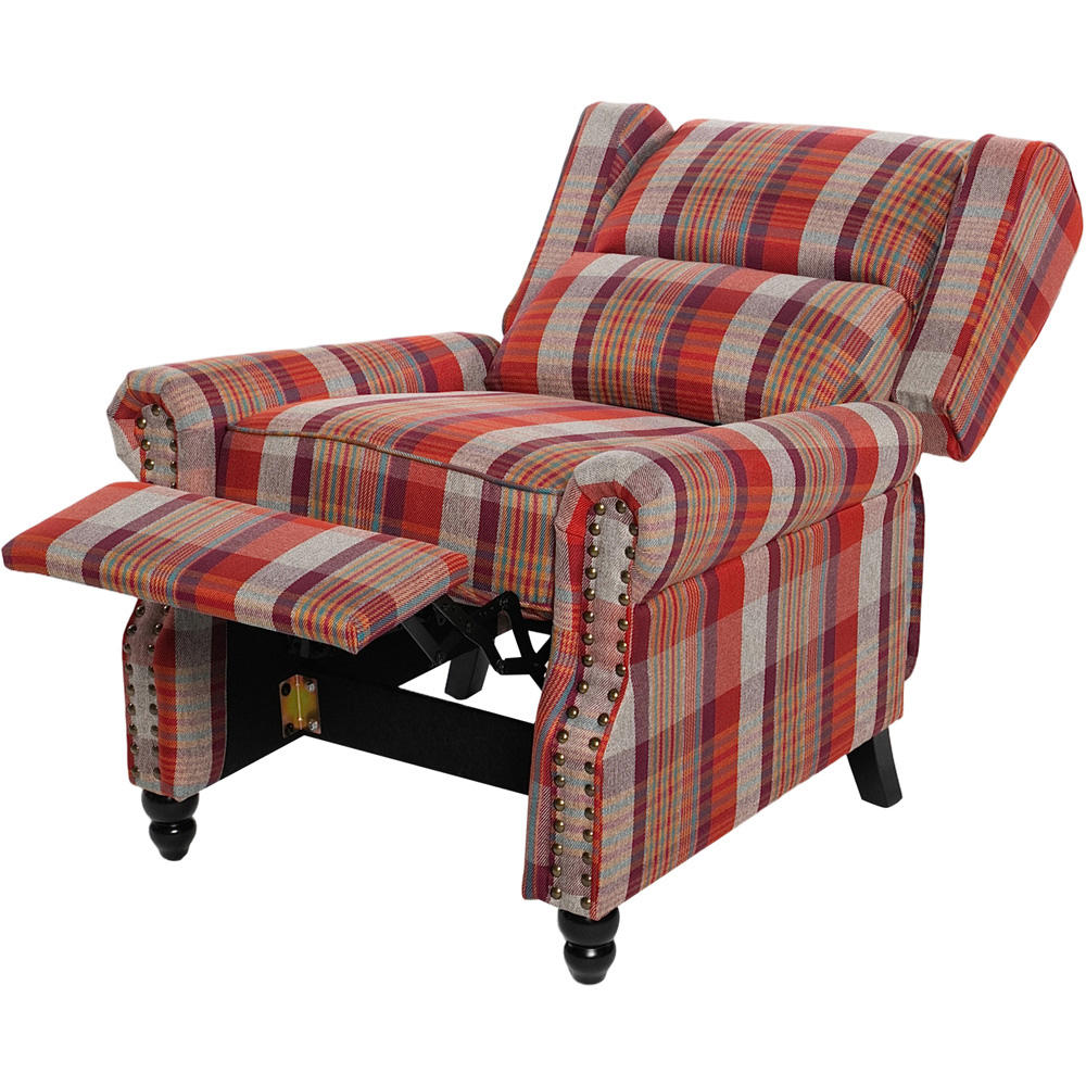 Living and Home Red Plaid Wingback Recliner Armchair with Adjustable Backrest and Footrest Image 6
