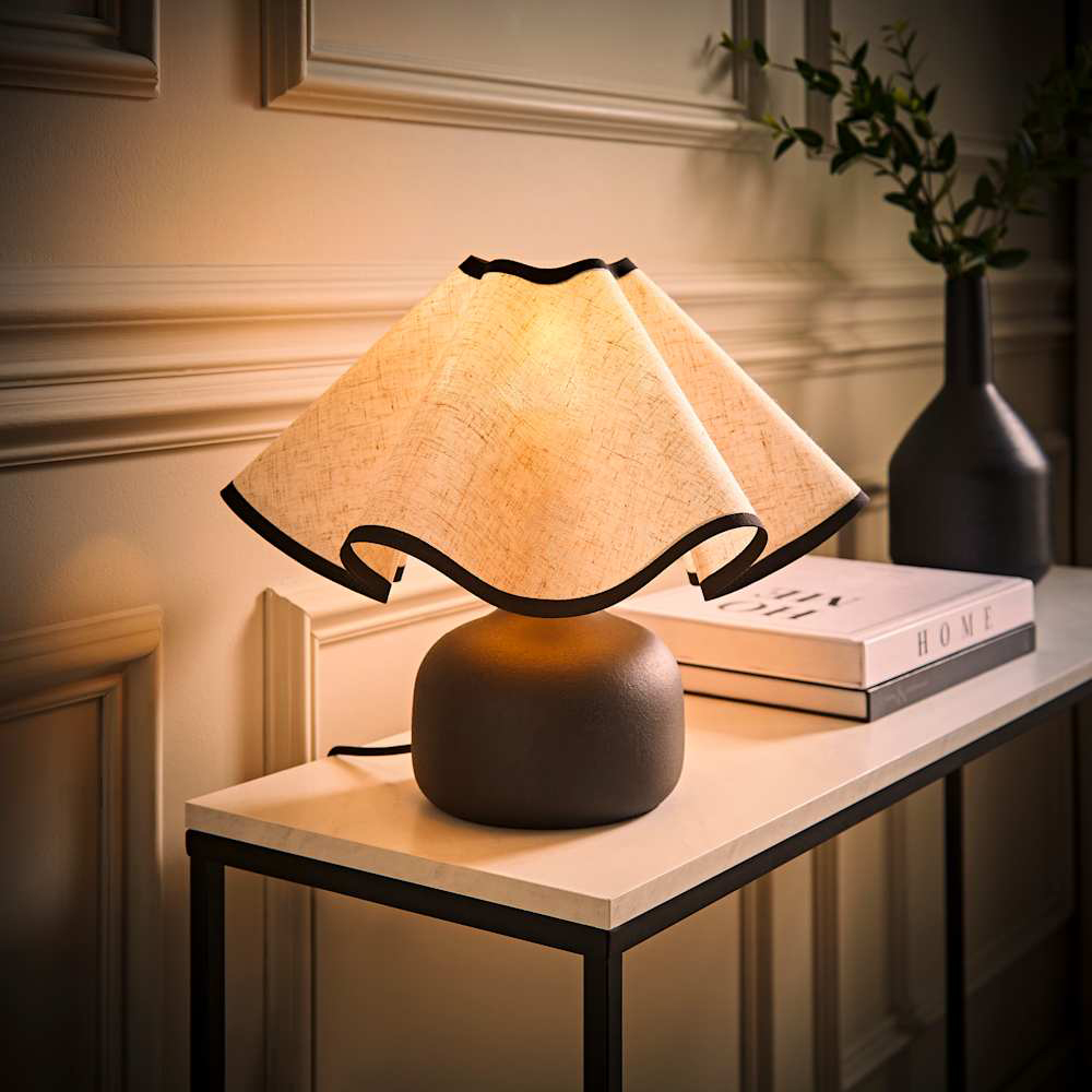 ValueLights Emilia Black Ceramic Table Lamp with Linen Wave Shade and Bulb Image 2