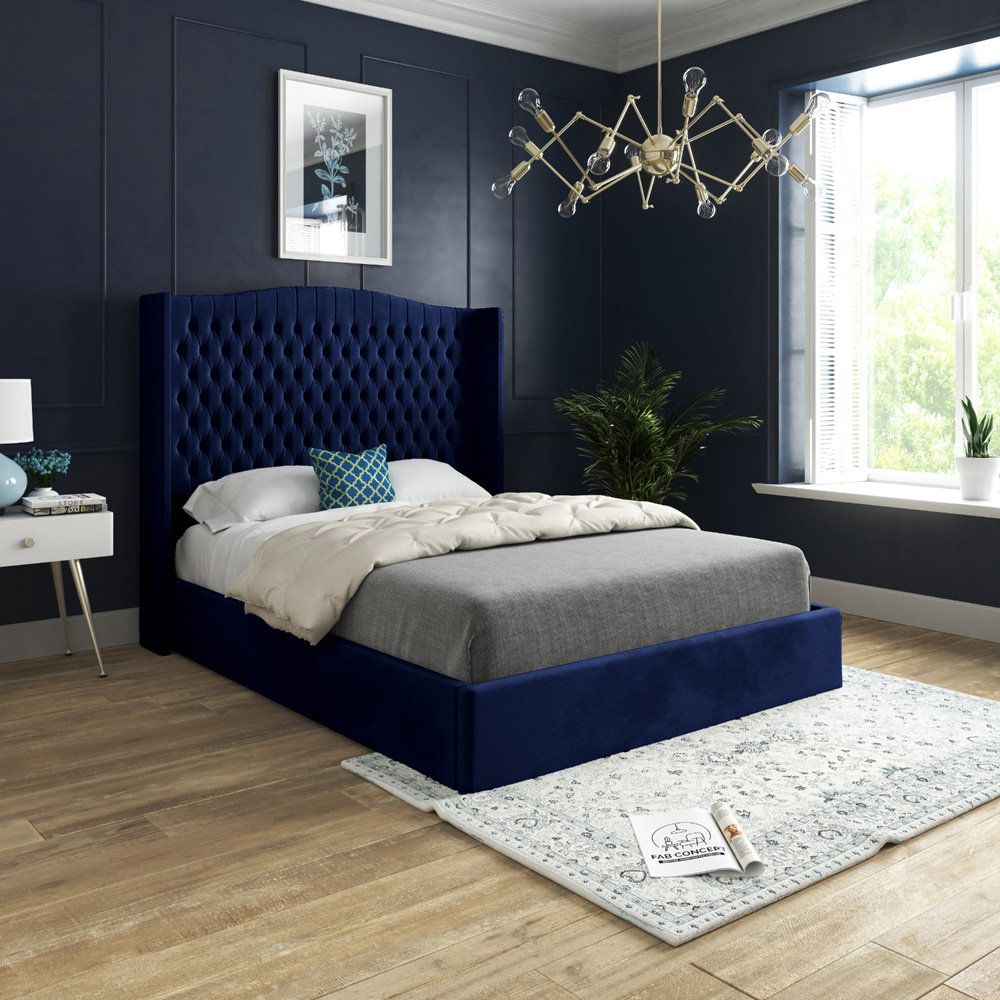 Rana Double Blue Soft Velvet Upholstered Bed Frame with Curved Top Winged Headboard Image 5