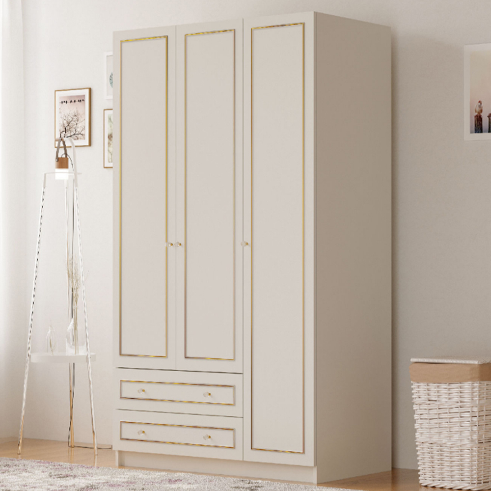 Evu MARIE 3 Door 2 Drawer Gold and White Wardrobe Image 1