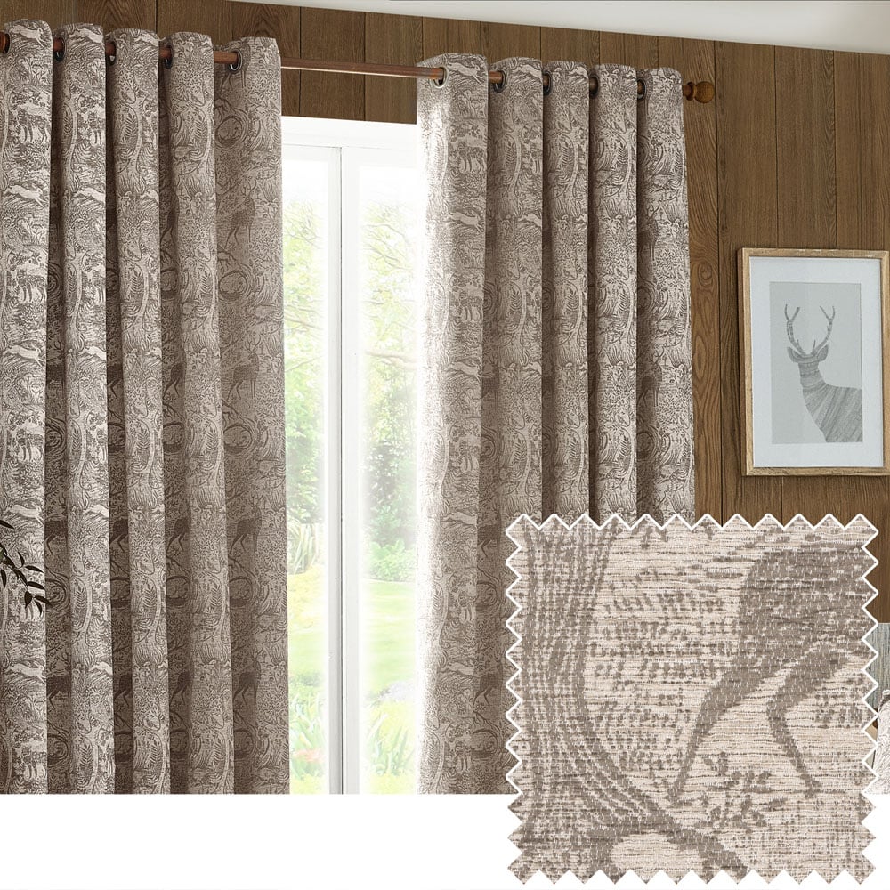 furn. Winter Woods Taupe Animal Chenille Eyelet Curtains 229 x 183cm Image 2