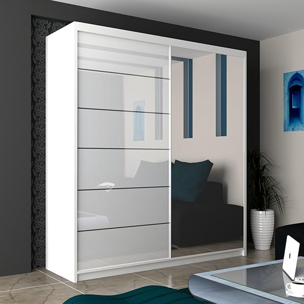 M N Furniture Inovo 2 Door White High Gloss Mirrored Sliding Wardrobe 150cm Image 3