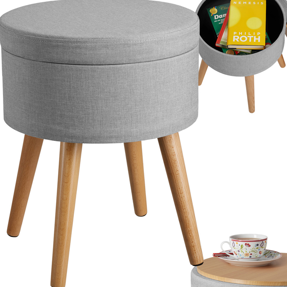 tectake Yara Light Grey Linen Look Padded Round Stool with Storage Image 2