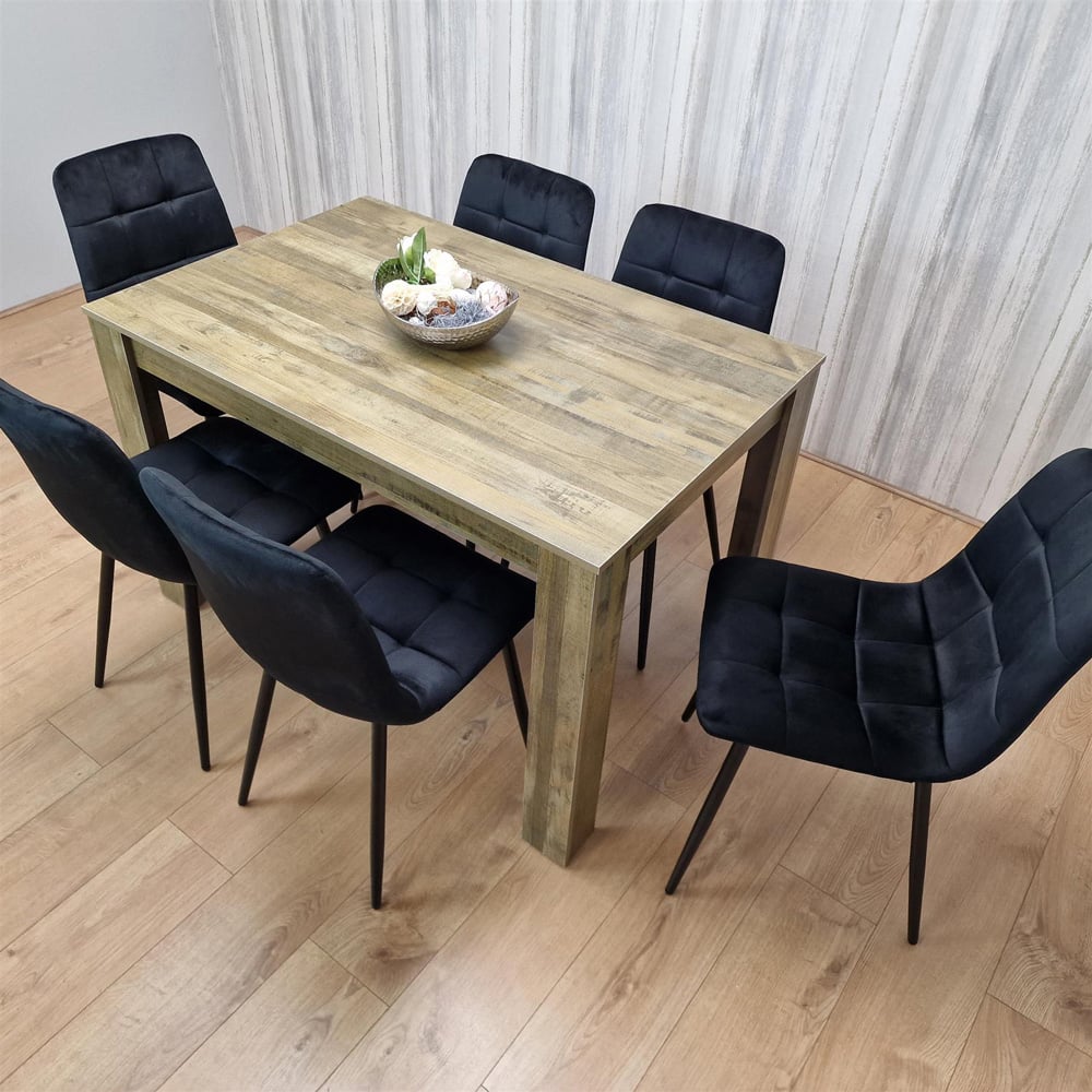 Portland 6 Seater Dining Set Rustic Effect and Black Velvet Image 2