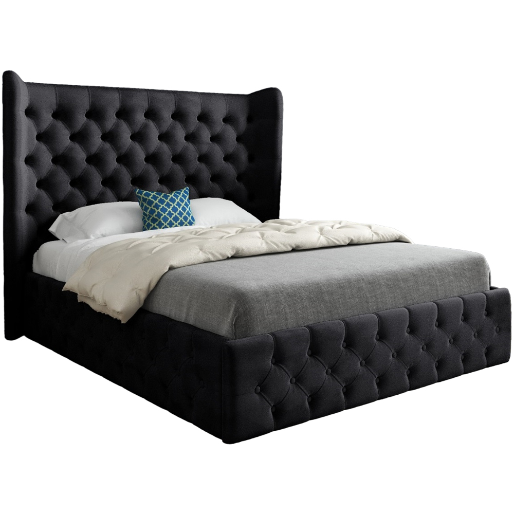 Florence Black Super King Size Velvet Upholstered Bed Frame with Wide Winged Chesterfield Headboard Image 2