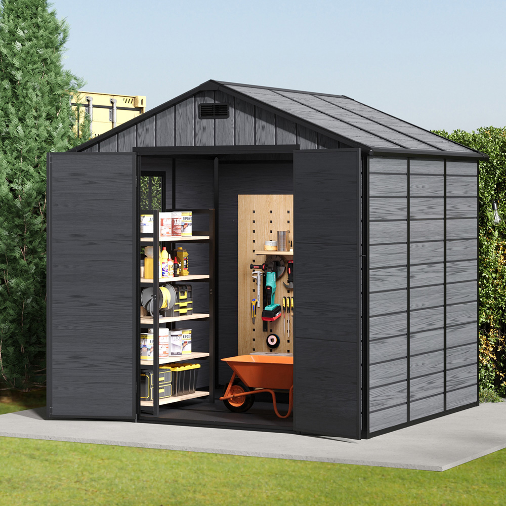 Living and Home 8 x 6ft Plastic Dark Grey Double Door Apex Garden Storage Shed Image 7