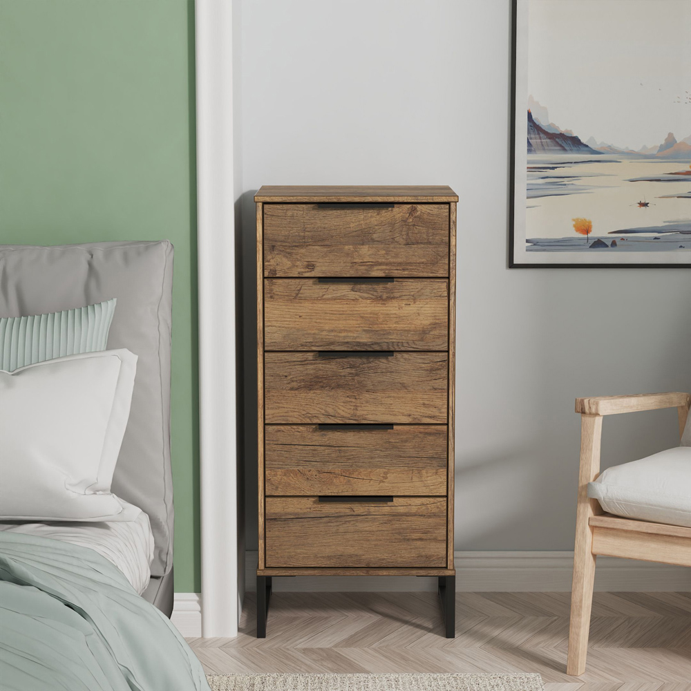 Crowndale Hong Kong 5 Drawer Vintage Oak Tall Bedside Cabinet Ready Assembled Image 7