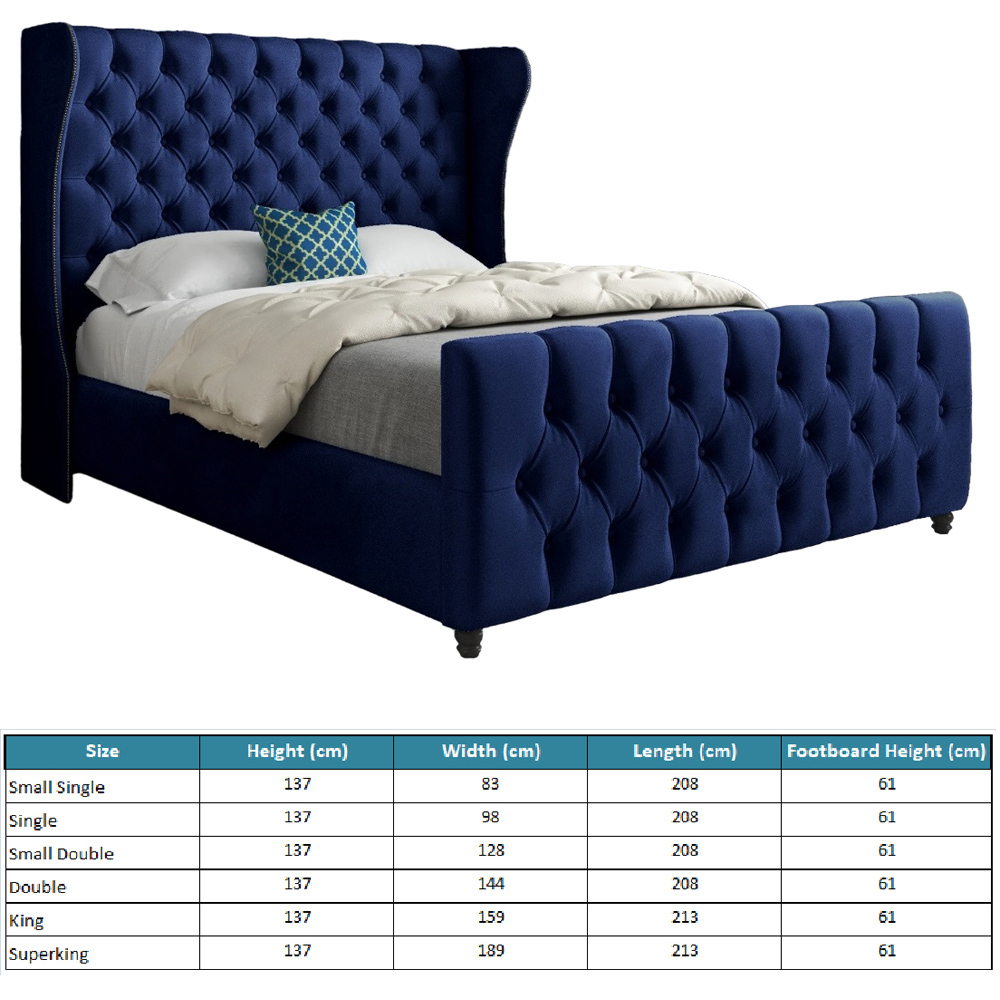 Donati Blue Double Velvet Upholstered Bed Frame with Straight Curved Top Headboard Image 7