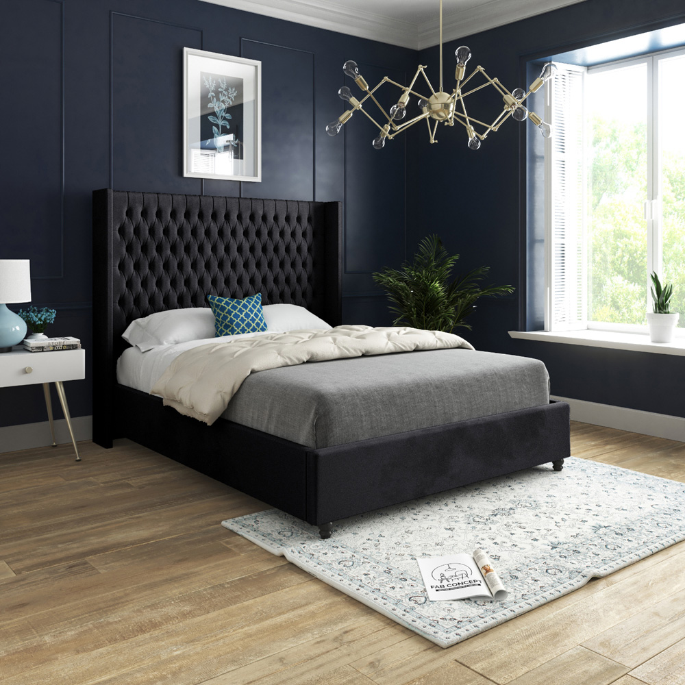 Volta King Size Black Soft Velvet Upholstered Bed Frame with Straight Winged Headboard Image 5