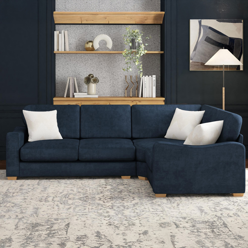 Theadford 3 Seater Royal Blue Plush Velvet Fixed Back Right Hand Corner Sofa Image 5