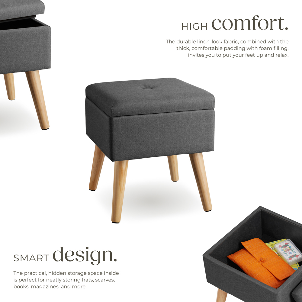 tectake Elva Dark Grey Linen Look Padded Stool with Storage Image 6