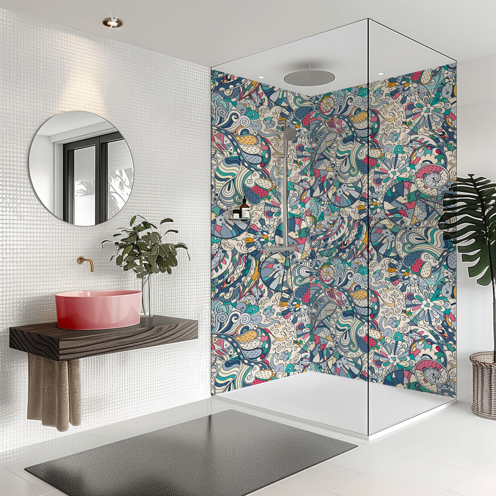 Splashbax Premium Artisan Colourful Doodle Acrylic Bathroom Wall Panel 2400 x 800mm Image 7