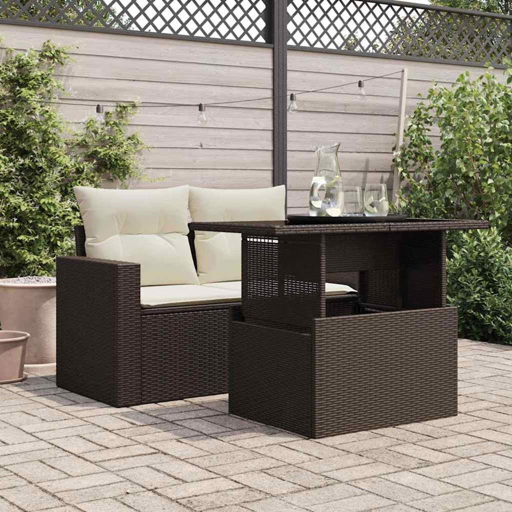 Walplus 2 Seater Brown Poly Rattan Liftable Glass Top Convertible Garden Dining Table Image 7