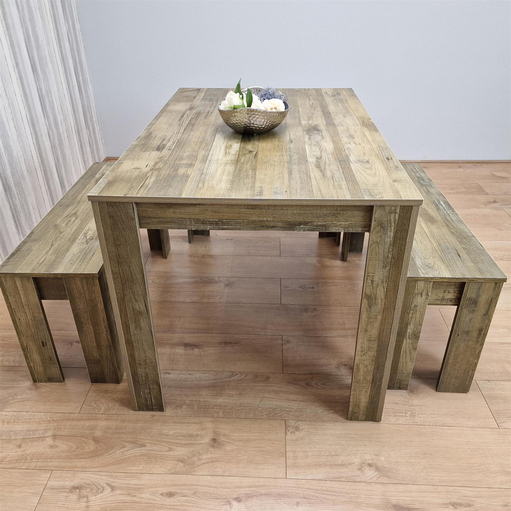 Portland 4 Seater Rustic Effect Dining Table Set with Benches Image 3