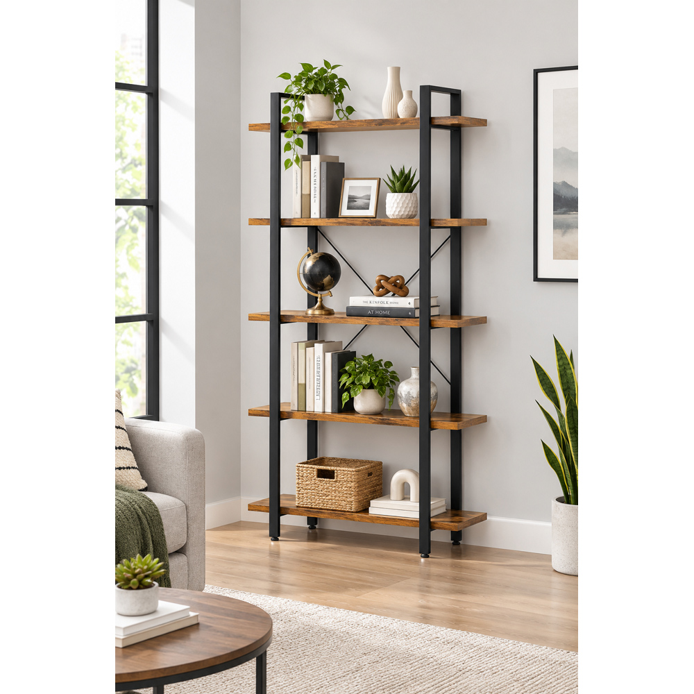 Modcraft 5 Shelf Rustic Brown Ladder Bookcase Image 5