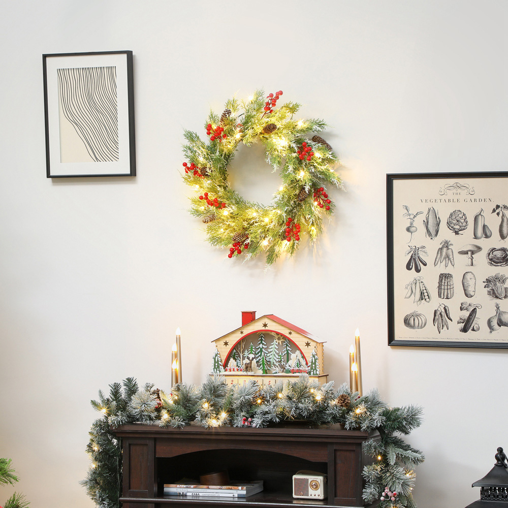 Everglow 30 Warm White LED Pre-Lit Wreath with Berries and Pinecones 60cm Image 2