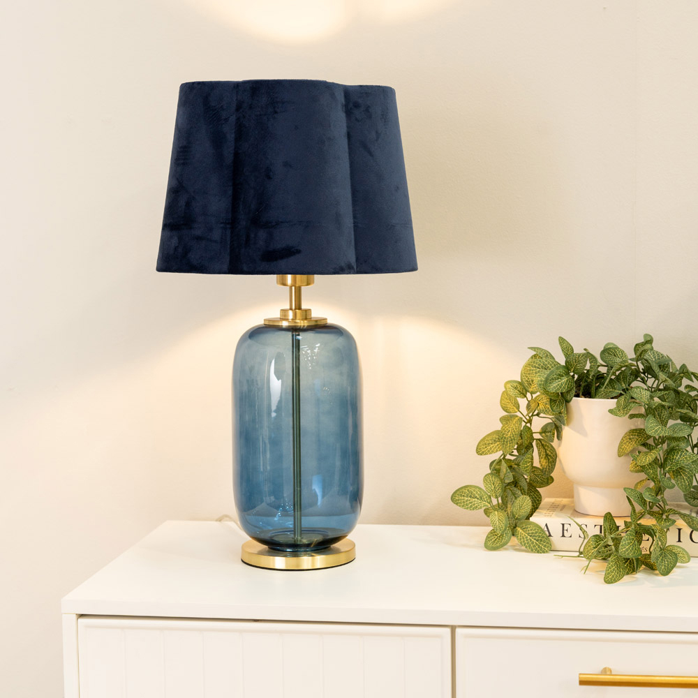 ValueLights Leigh Navy Blue Velvet Scallop Shade Navy Blue Glass LED Table Lamp Image 2
