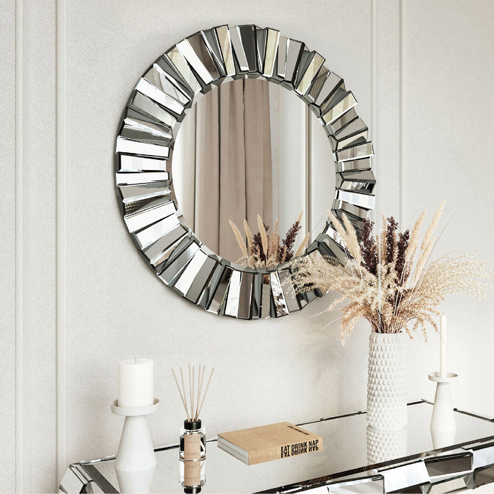 CARME Home Knightsbridge Grey and Silver 3D Round Wall Mirror Image 5