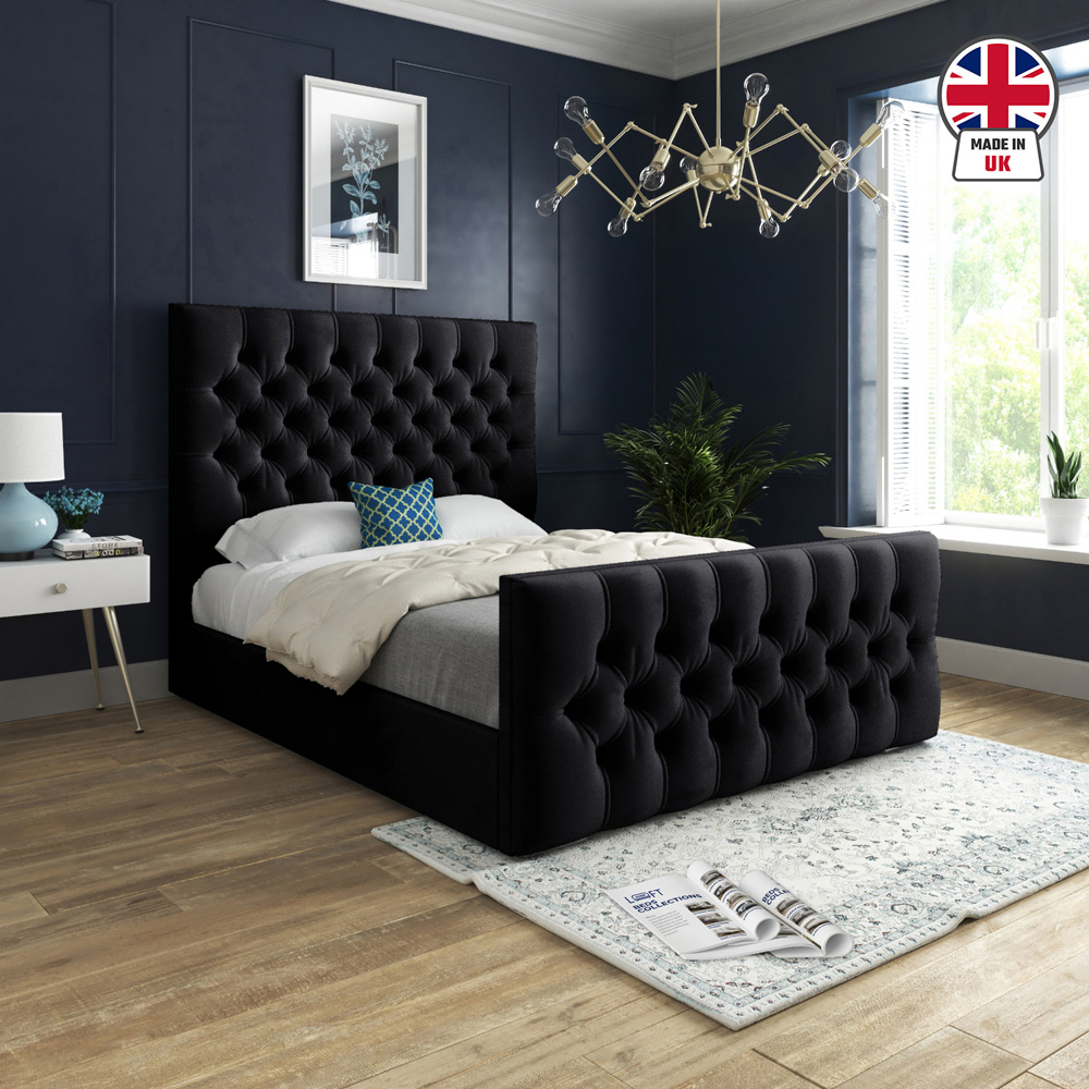 Novara Black Double Velvet Upholstered Bed Frame with Pleated Chesterfield Headboard Image 6