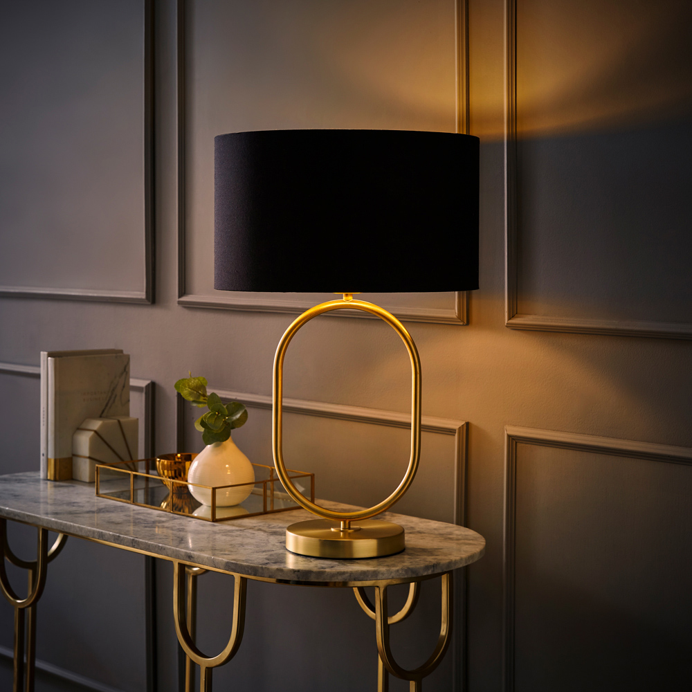 ValueLights Antonia Black with Gold Inner Drum Shade Brushed Gold Oval LED Table Lamp Image 6