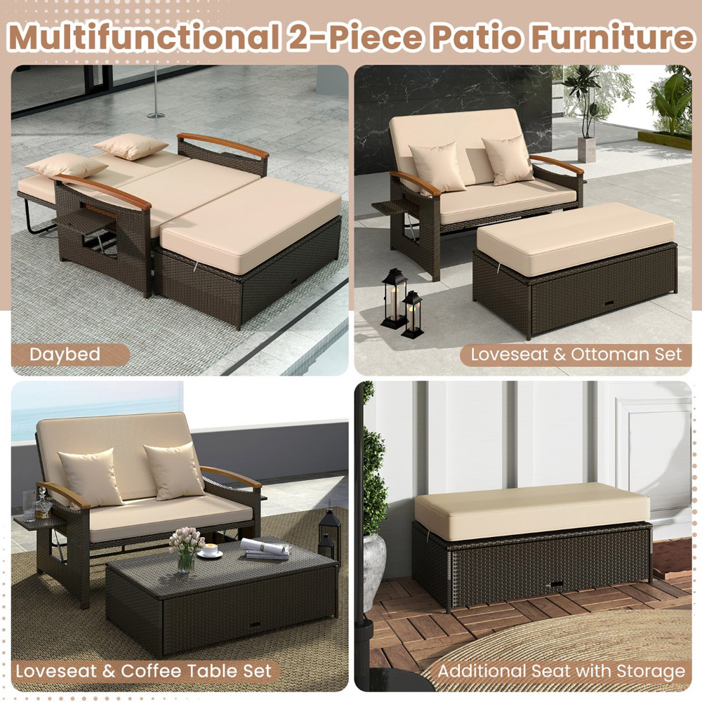 Costway 2 Seater Rattan Woven Daybed with Storage Ottoman Image 4