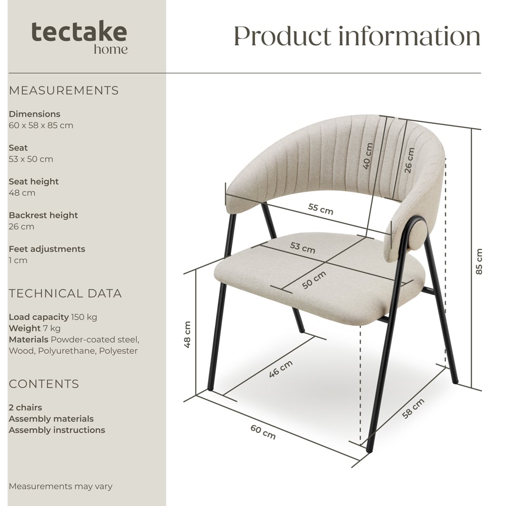 tectake Bedano Set of 2 Greige Dining Chair Image 9