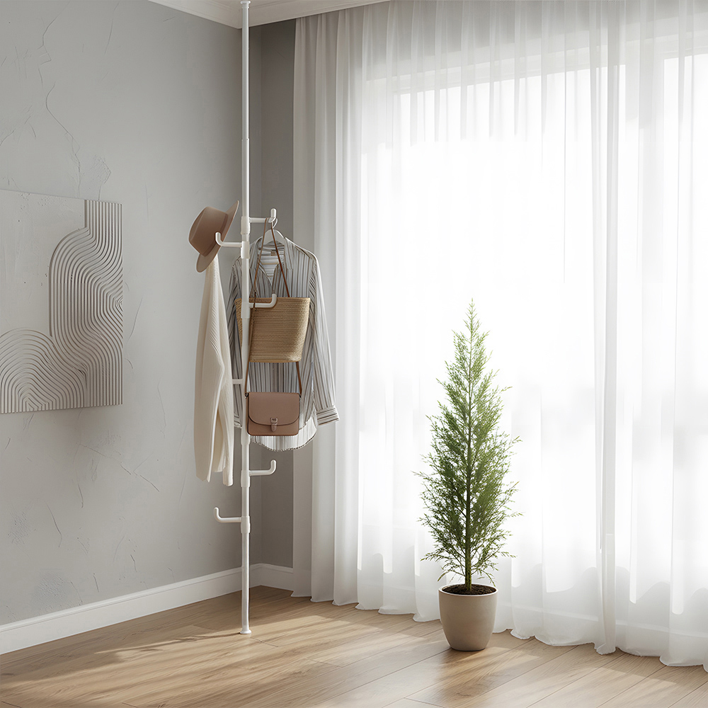 Living and Home White Adjustable Floor-to-Ceiling Coat Stand with 6 Hooks Image 7