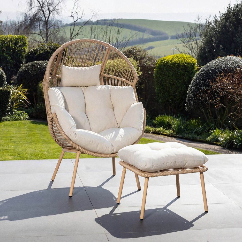 Artemis Home Nestara Cream PE Rattan Standing Egg Chair with Stool and Canopy Image 2