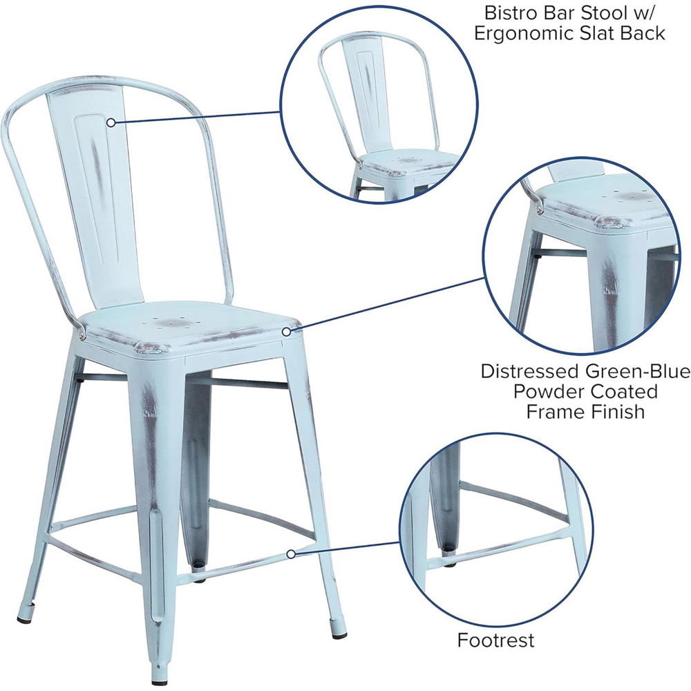 FWStyle Antique Pastel Blue Steel Bar Stools Set of 4 Image 6