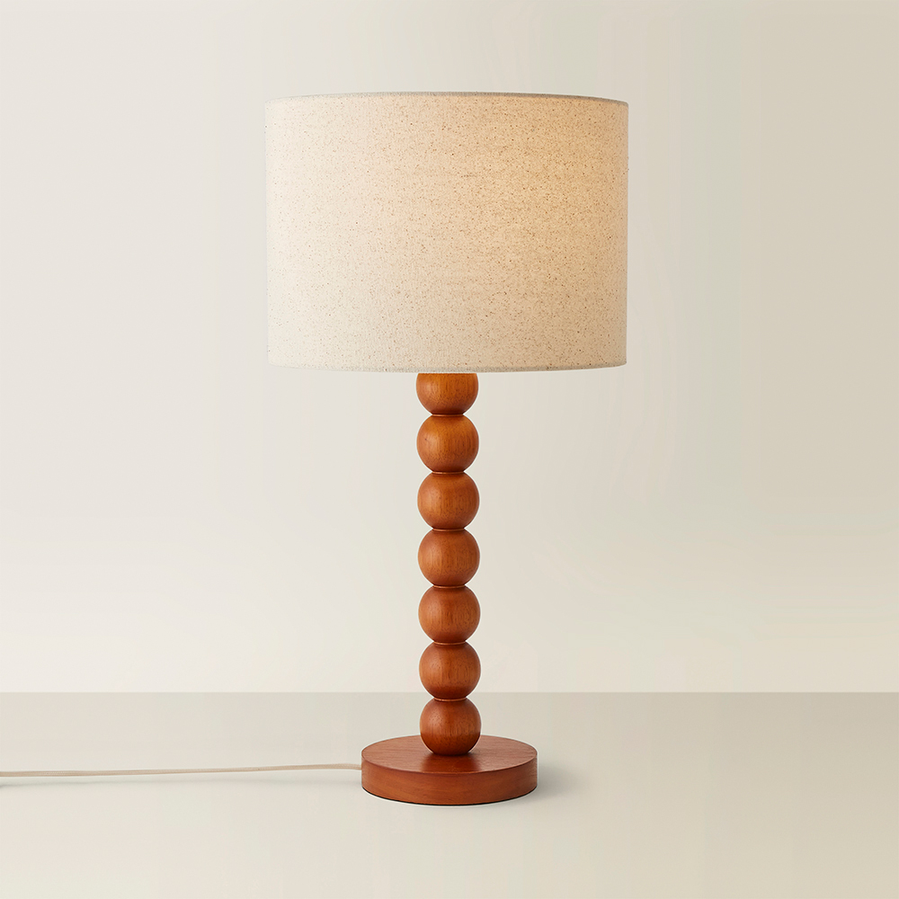 ValueLights Wyatt Natural Linen Drum Lamp Shade Walnut Wood Bobbin LED Table Lamp Image 5