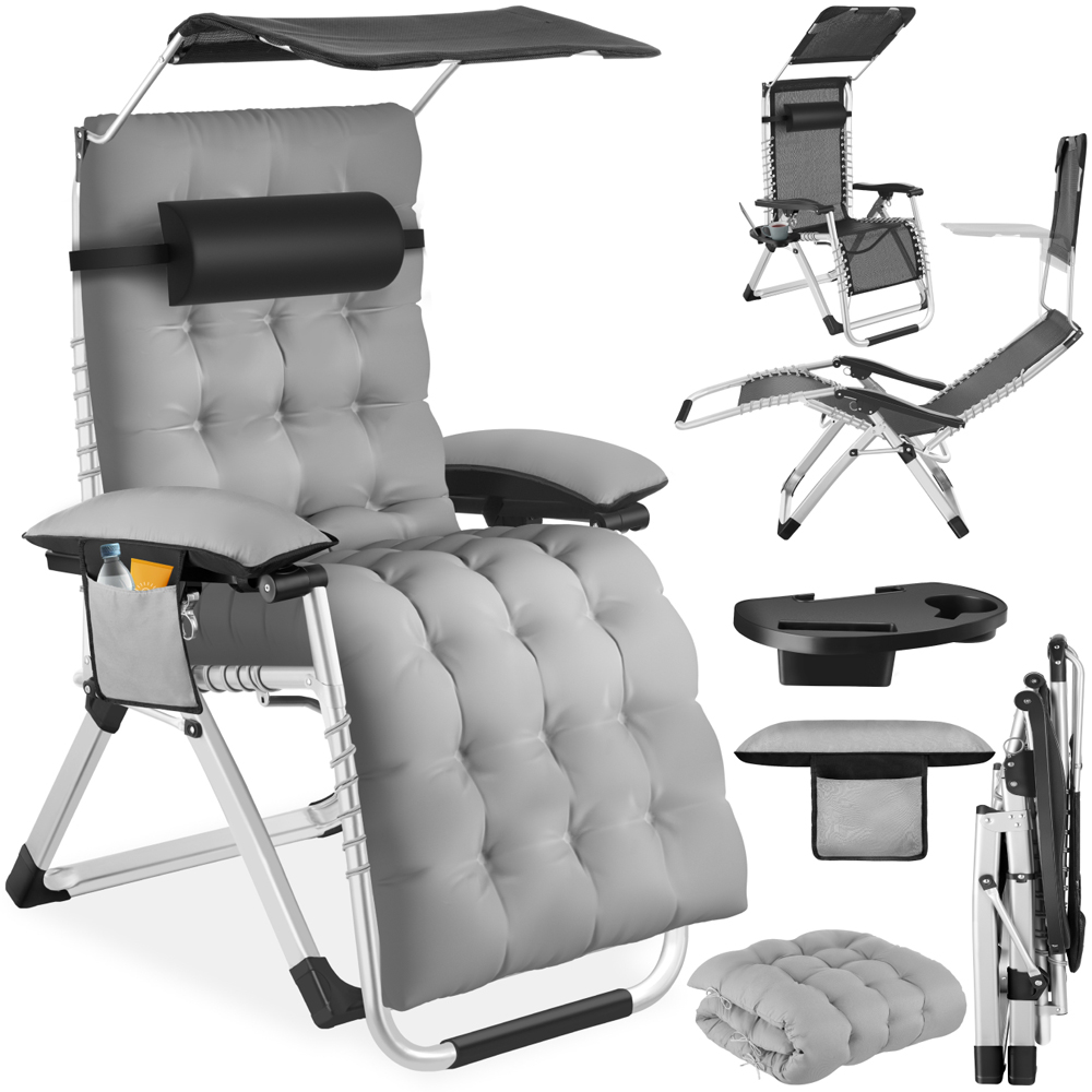 tectake Cirrus Light Grey Folding Plush Padding Sun Lounger with Sun Shade Image 2