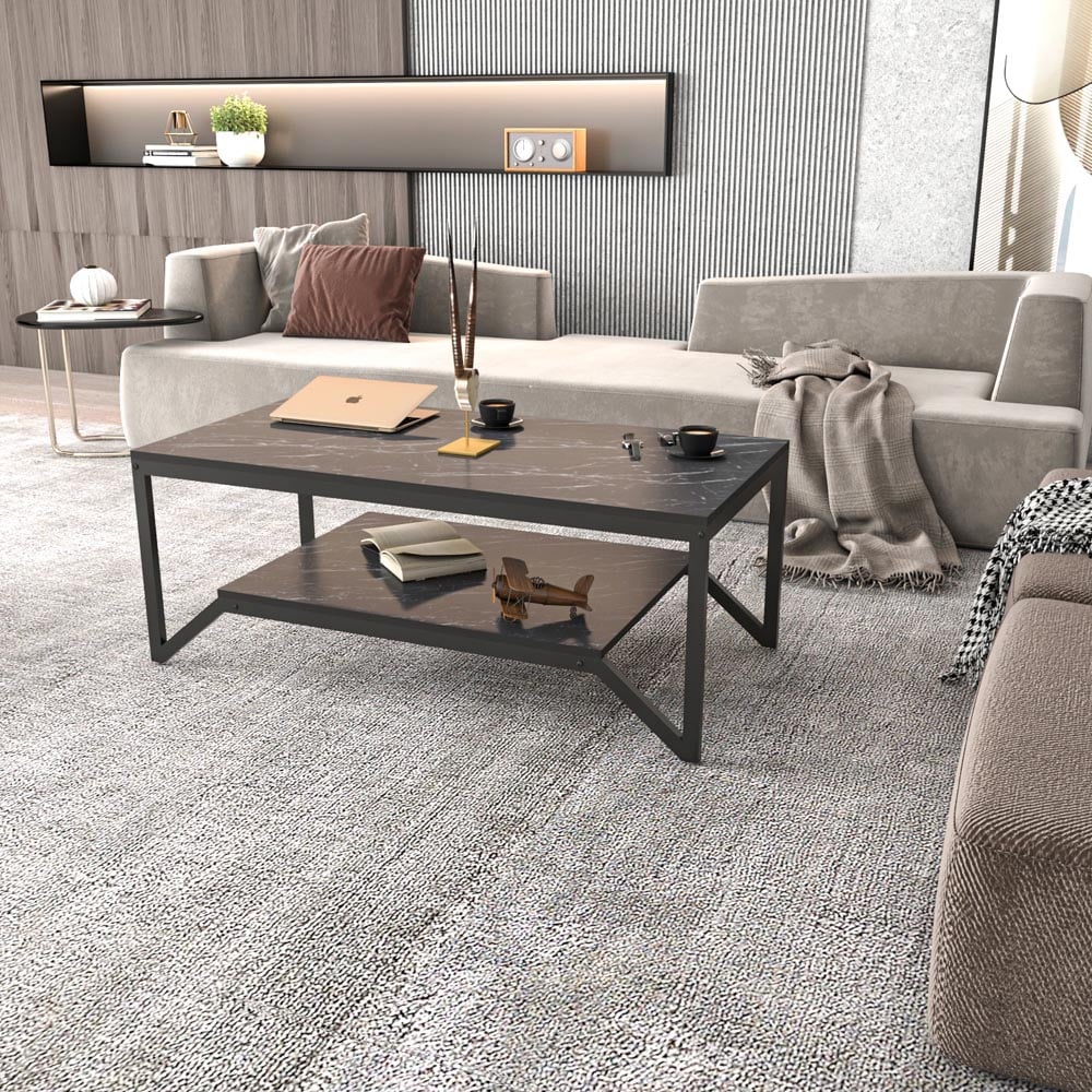 Decorotika Flora Single Shelf Black Marble Effect and Black Modern Coffee Table Image 5