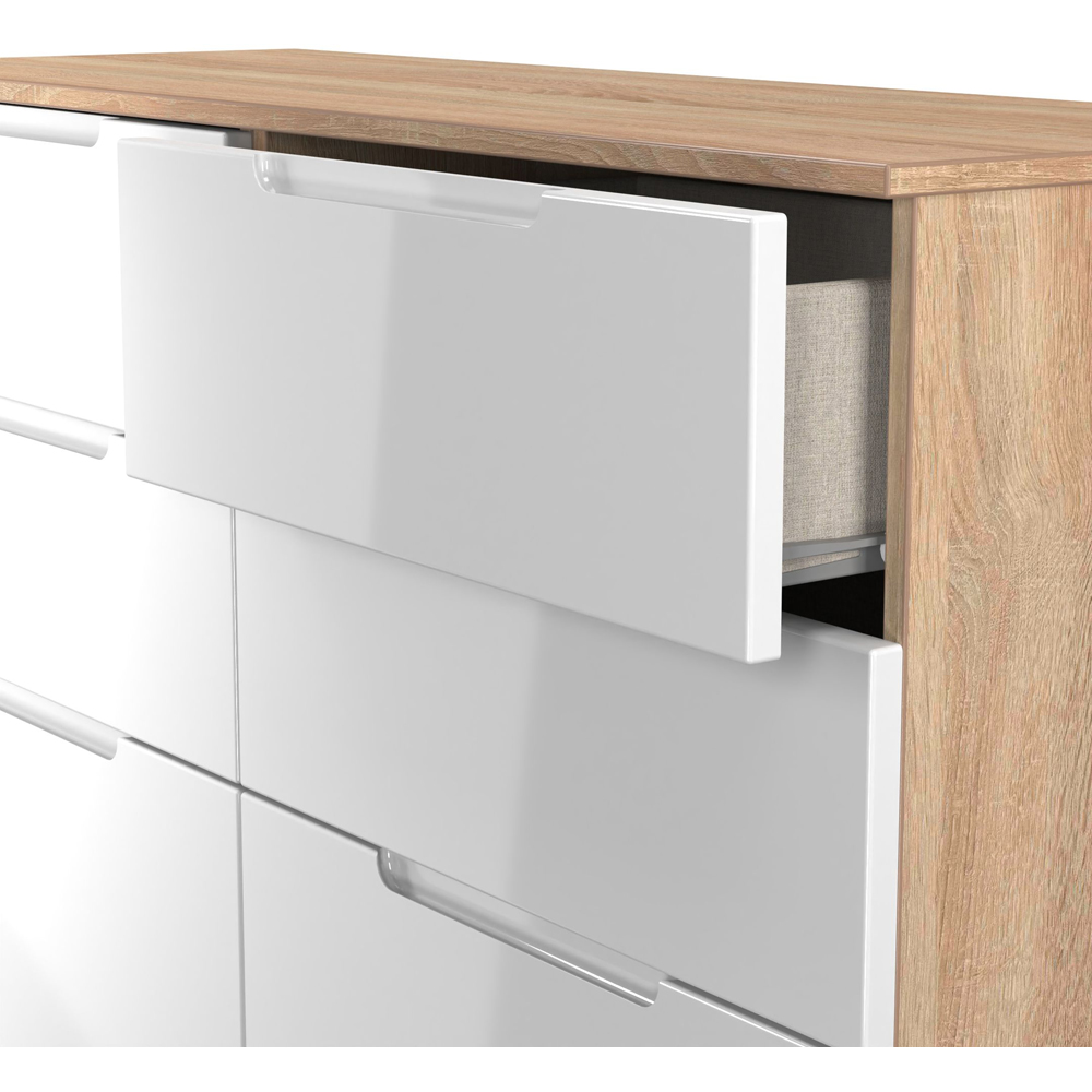 Crowndale Milan 6 Drawer White Gloss and Bardolino Oak Wide Chest of Drawers Ready Assembled Image 5