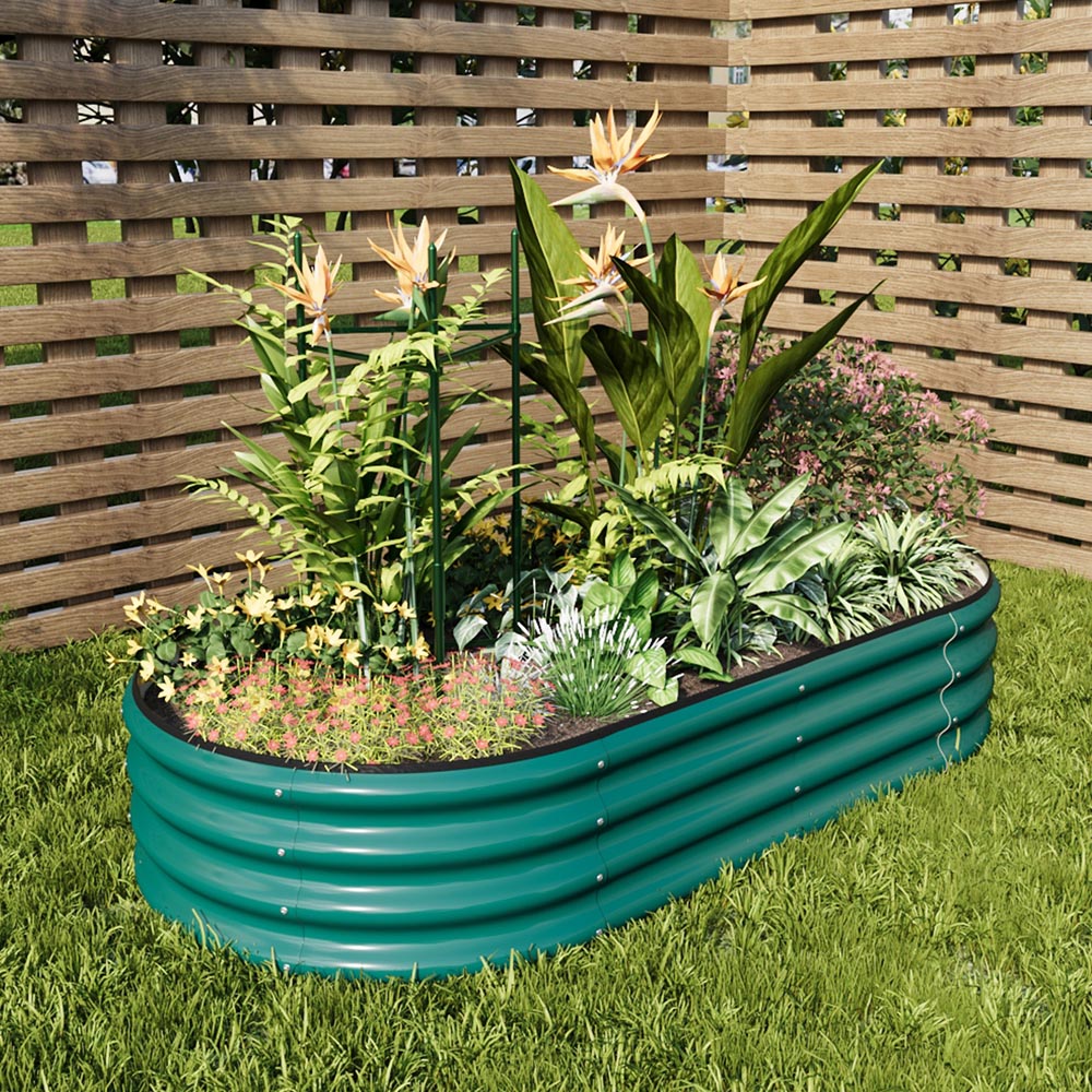 Living and Home Green Oval Galvanised Steel Raised Garden Bed with Flower Stand 160 x 80cm Image 7