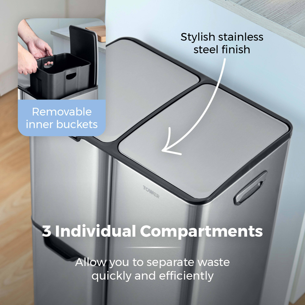Tower Silver Carbon Steel Triple Recycling Pedal Bin 60L Image 6