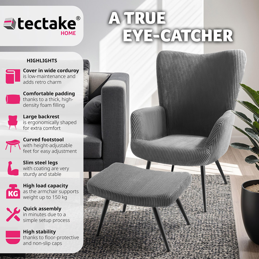 tectake Hygge Wide Corduroy Anthracite and Black Padded Armchair with Stool Image 3