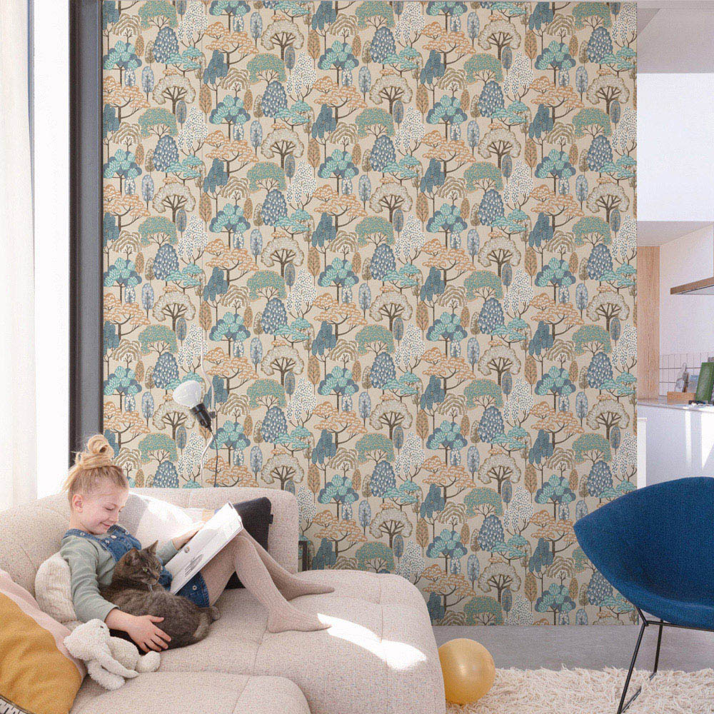 Grandeco Happy Trees Brushstroke Blue Wallpaper Image 2