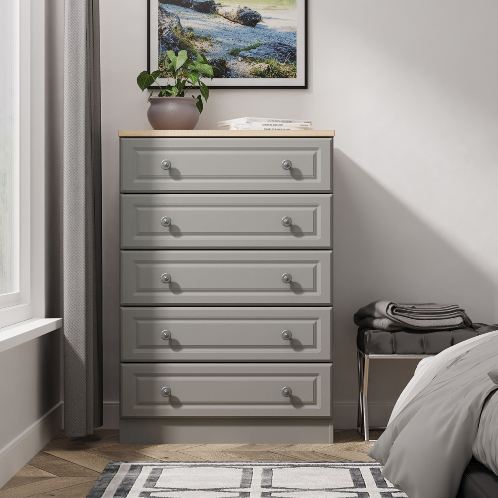 Crowndale Norfolk 5 Drawer Dusk Grey and Bardolino Oak Chest of Drawers Ready Assembled Image 7