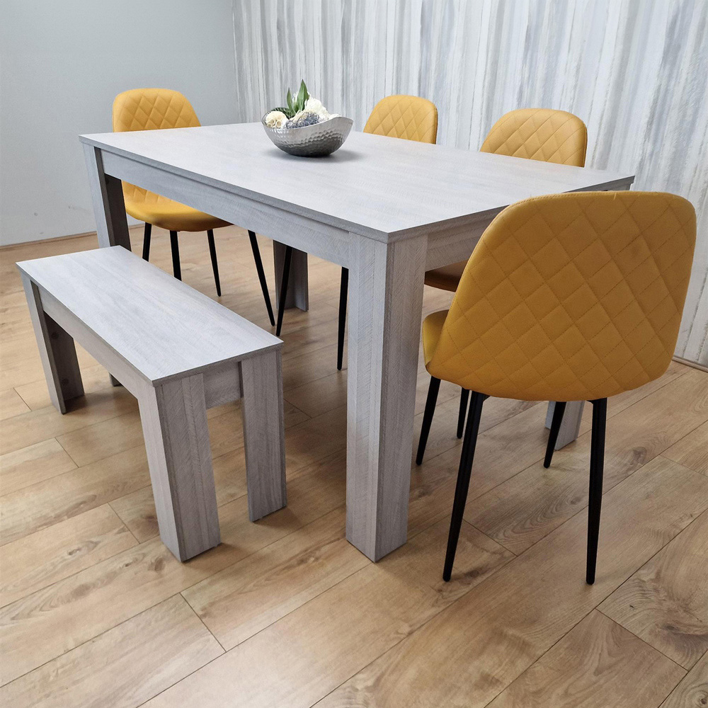 Portland Leather and Wood 6 Seater Dining Set Light Grey and Mustard Image 1