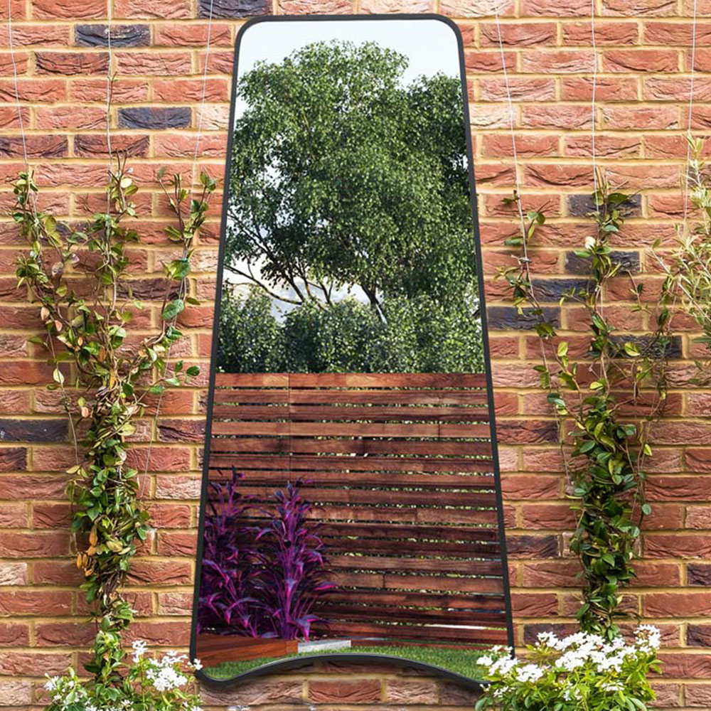 MirrorOutlet The Coartans Black Metal Trapezoid Outdoor Garden Wall Mirror 200 x 85cm Image 2