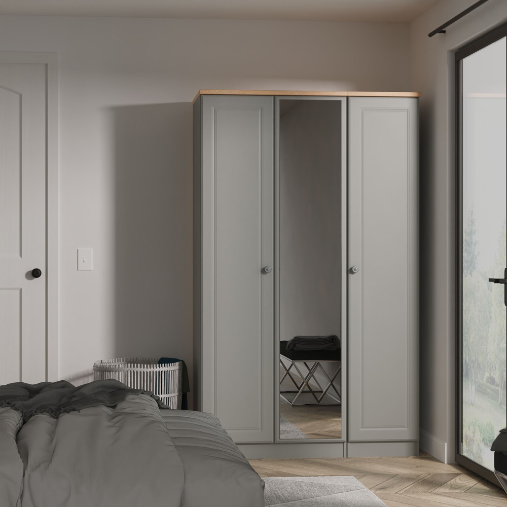 Crowndale Norfolk 3 Door Dusk Grey and Bardolino Oak Mirror Wardrobe Ready Assembled Image 8