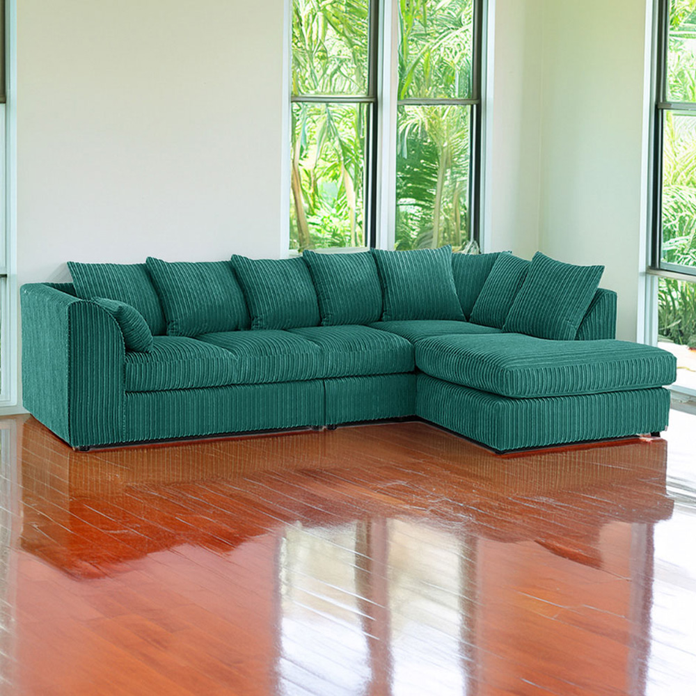 Luxor 4 Seater Teal Jumbo Cord Right Hand Facing Scatter Back L Shaped Corner Sofa Set Image 1