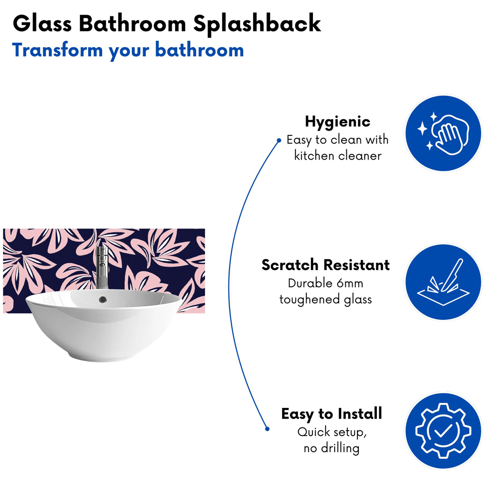 Warren Reed Designer Pink and Navy Botanical Glass Bathroom Splashback 25 x 60cm Image 4