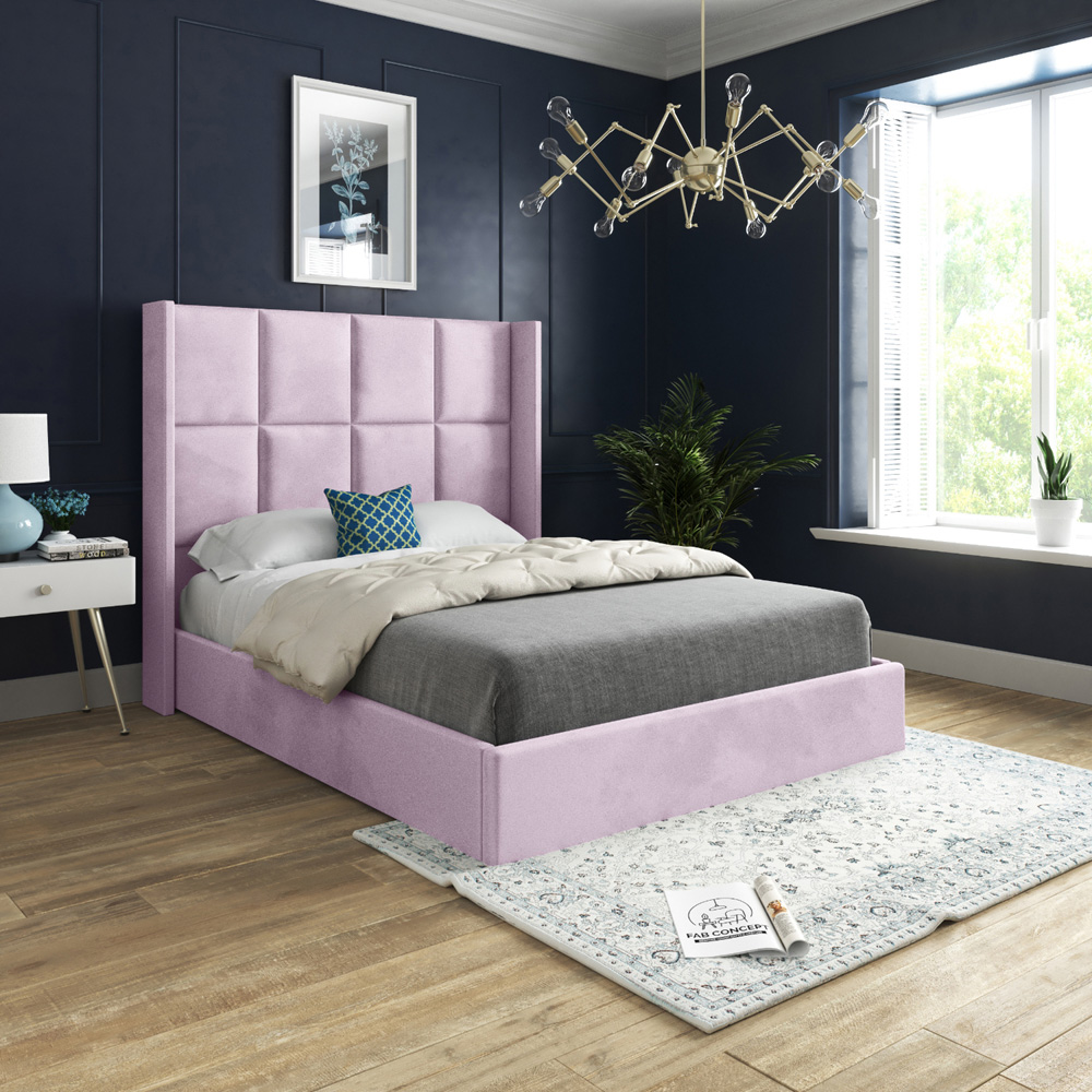 Quanta Single Pink Soft Velvet Upholstered Bed Frame with Straight Winged Headboard Image 5