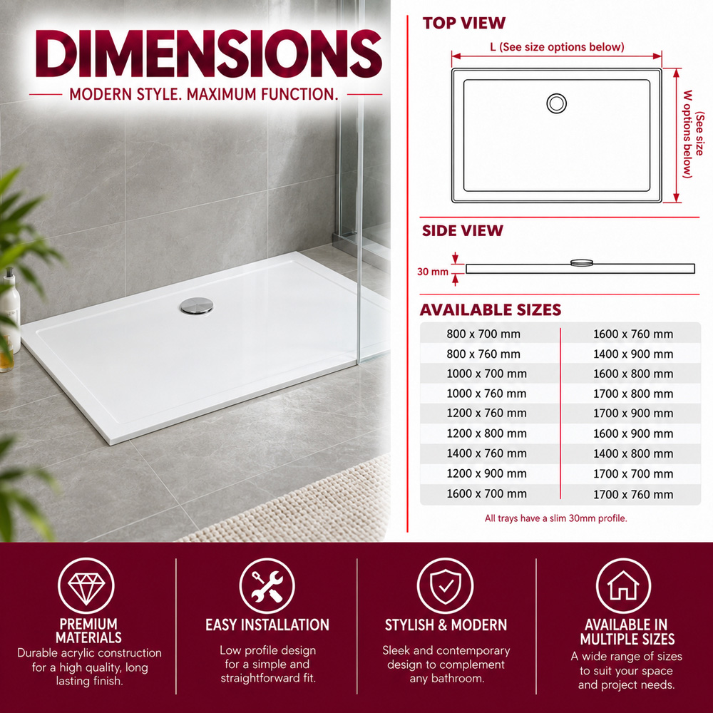 Go Bathrooms White Slim Rectangular Shower Tray 1700 x 800mm Image 4