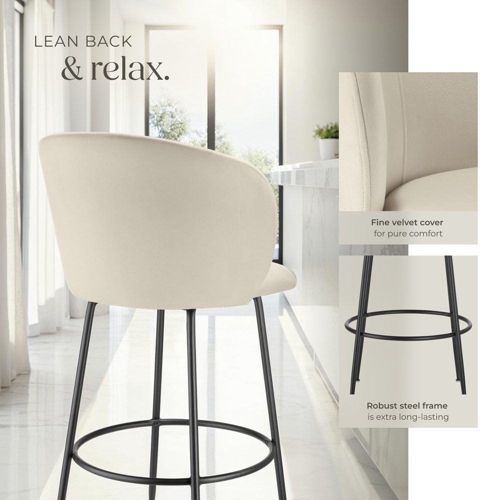 tectake Luana Cream and Black Velvet Look Padded Bar Stool Set of 6 Image 4