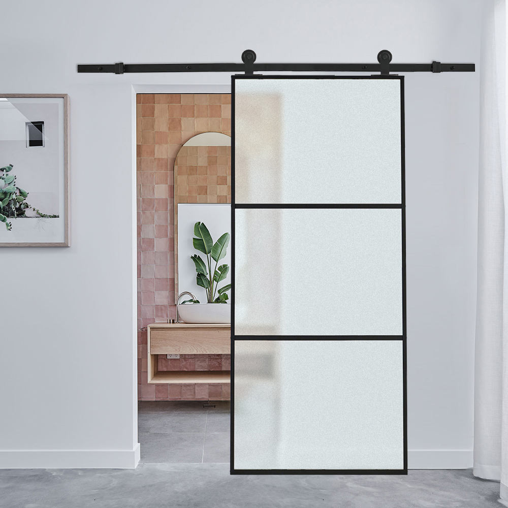 Living and Home 3 Lite Frosted Clear Glass Aluminium Barn Sliding Internal Door Kit 900 x 2050mm Image 2